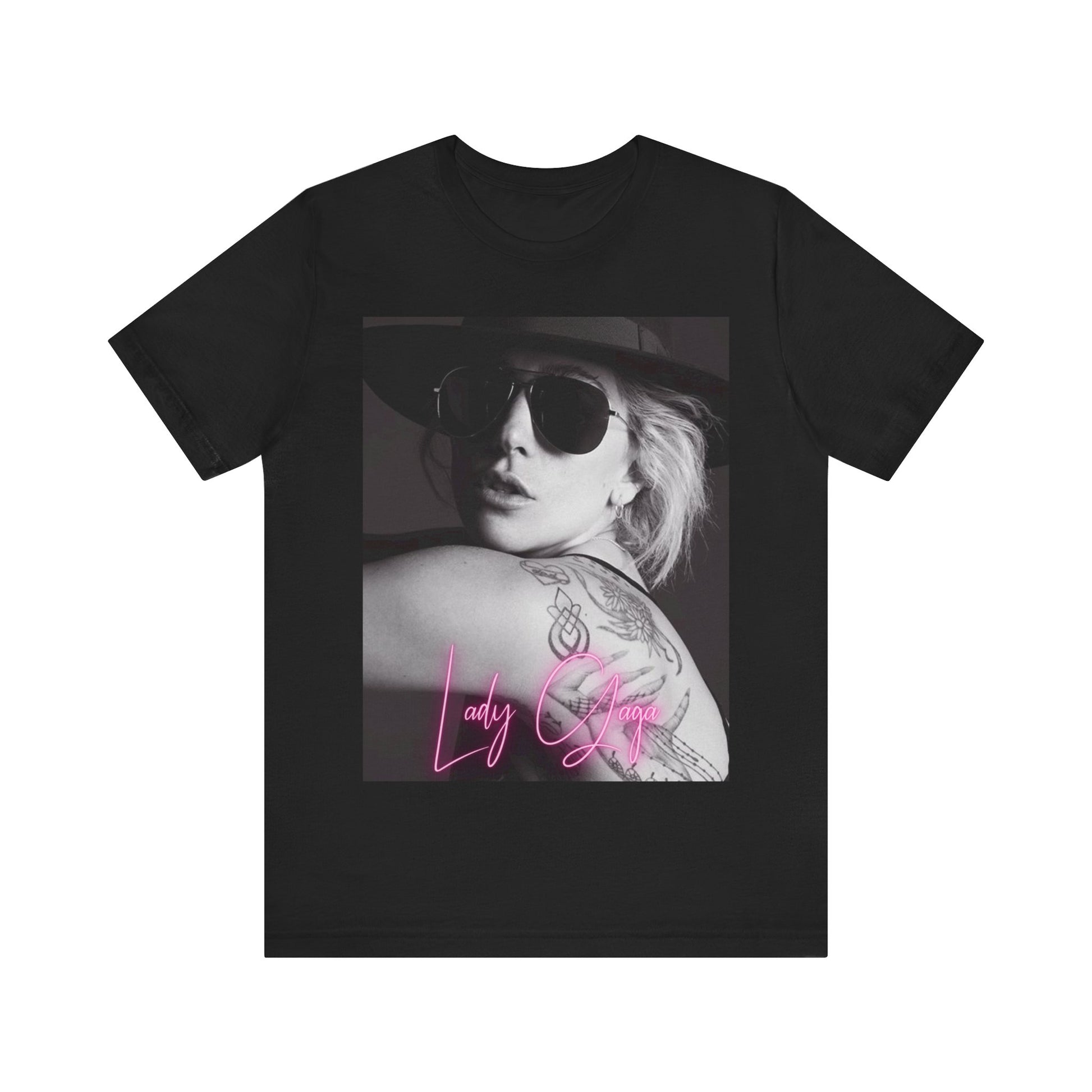 A black graphic t-shirt featuring a fierce graphic related to Lady Gaga's 'Bad Romance' song or era.