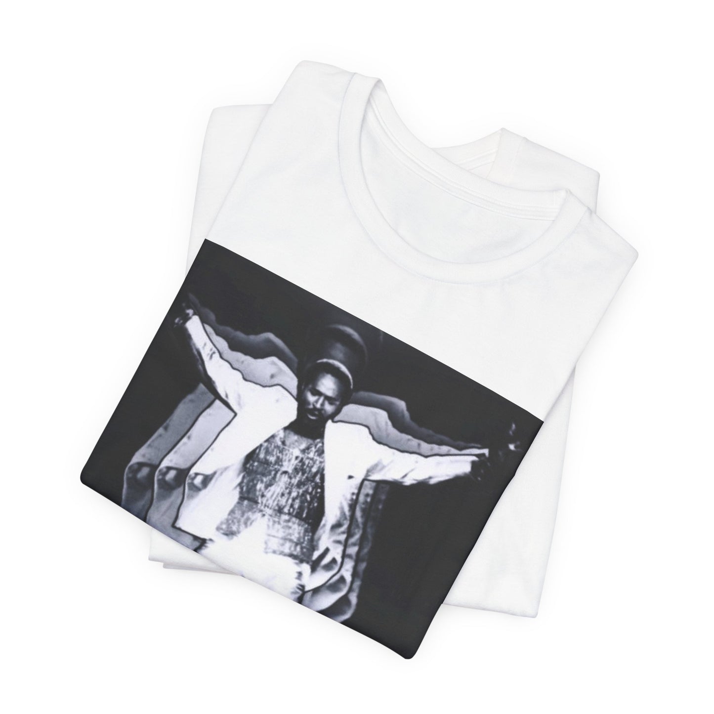 A black graphic t-shirt featuring a 70s aesthetic graphic of Marvin Gaye.