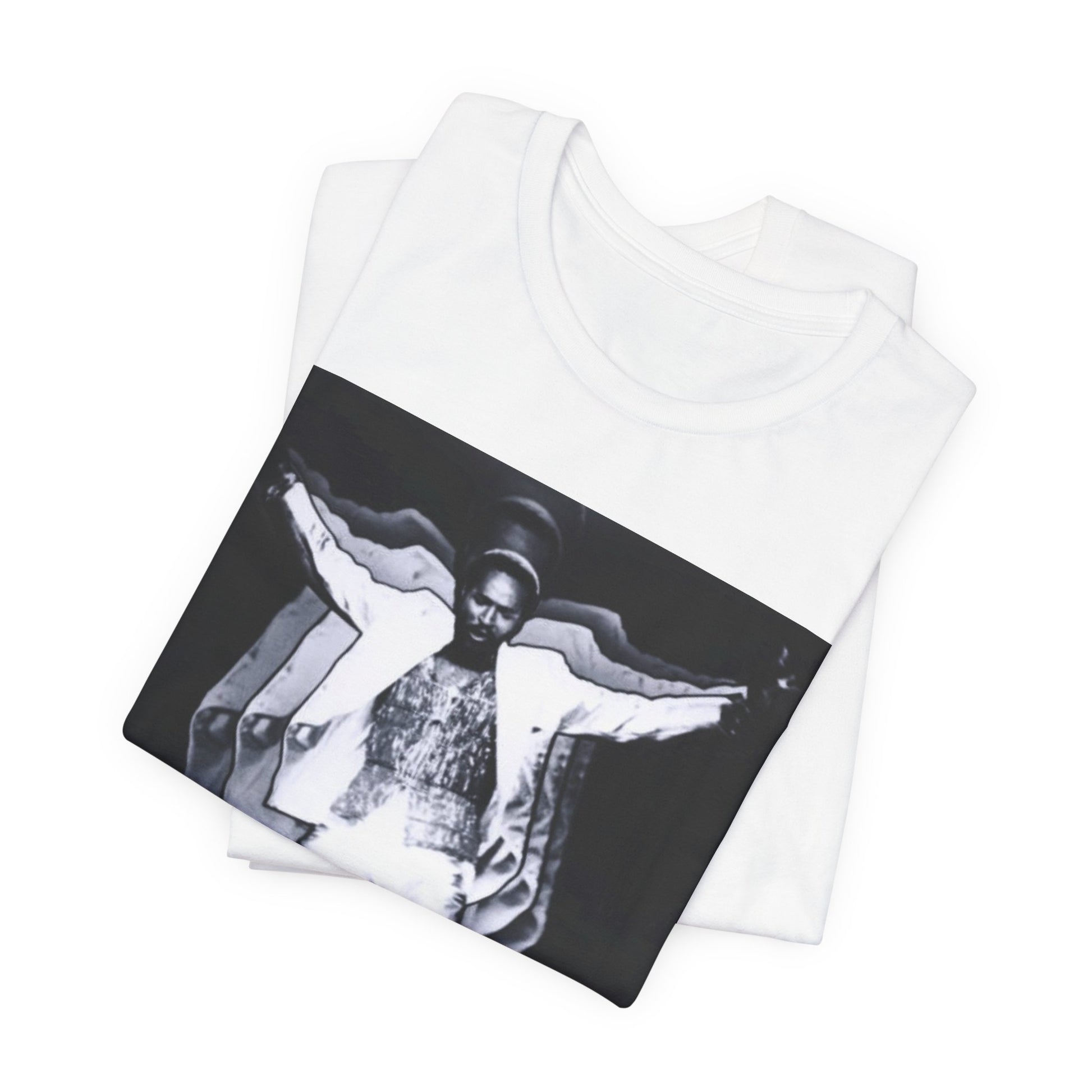 A black graphic t-shirt featuring a 70s aesthetic graphic of Marvin Gaye.