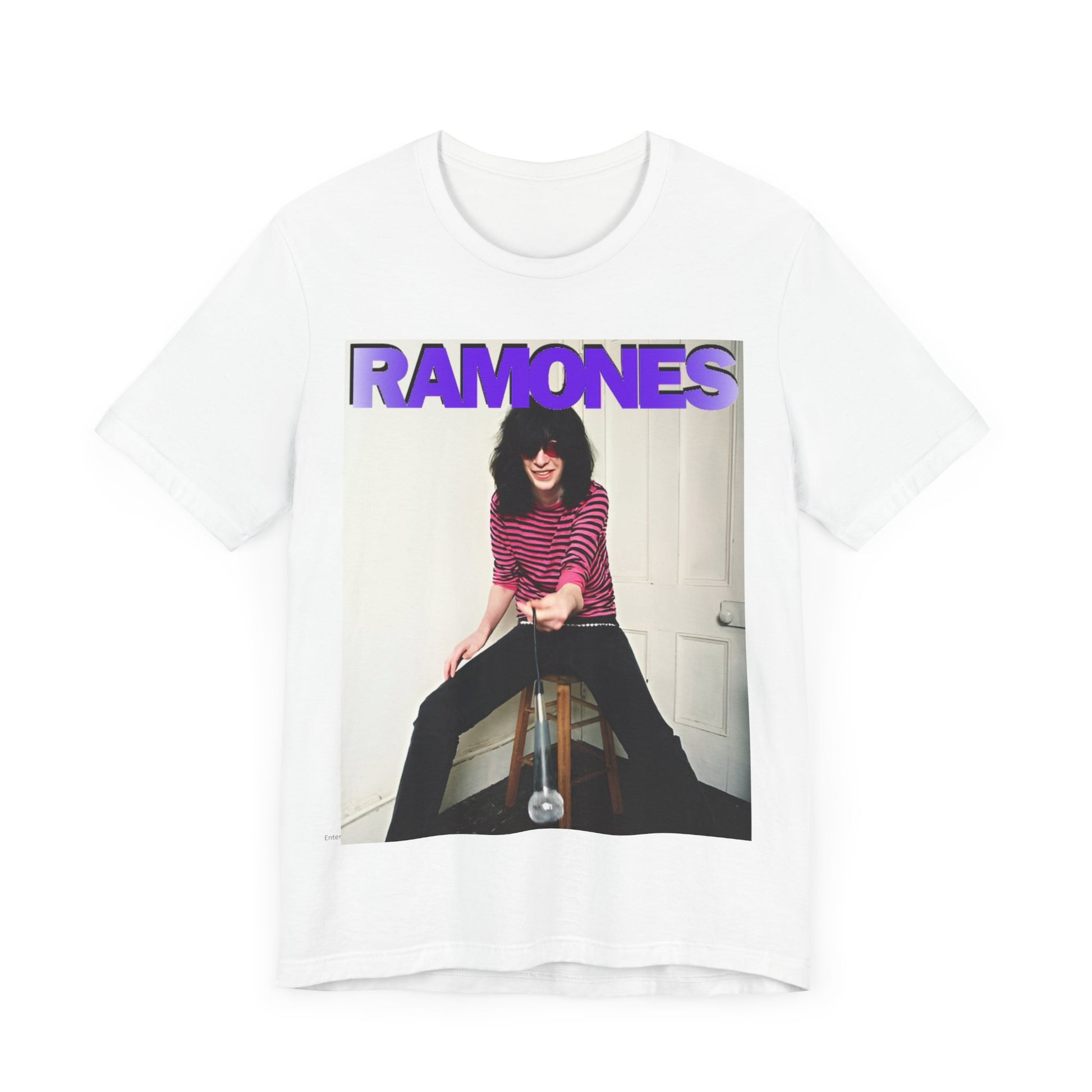 A black graphic t-shirt featuring a casual punk fan graphic of the Ramones.