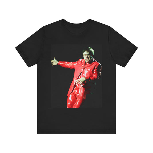 A black graphic t-shirt featuring a vintage photo portrait of Elton John as a music legend.