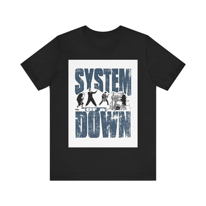 A black graphic t-shirt featuring a graphic of System of a Down as nu-metal pioneers.