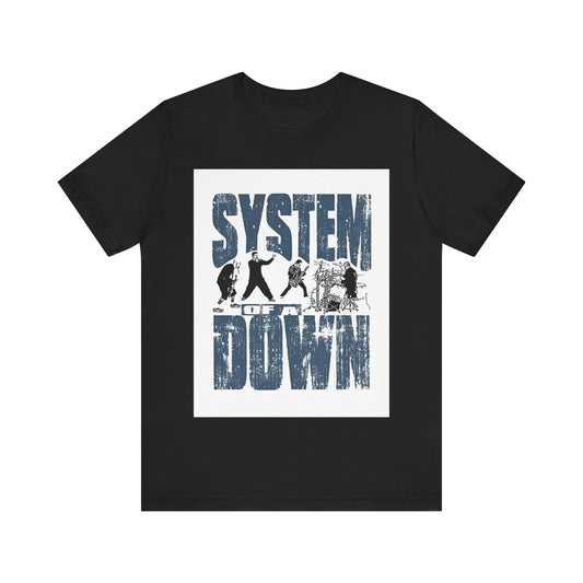A black graphic t-shirt featuring a graphic of System of a Down as nu-metal pioneers.