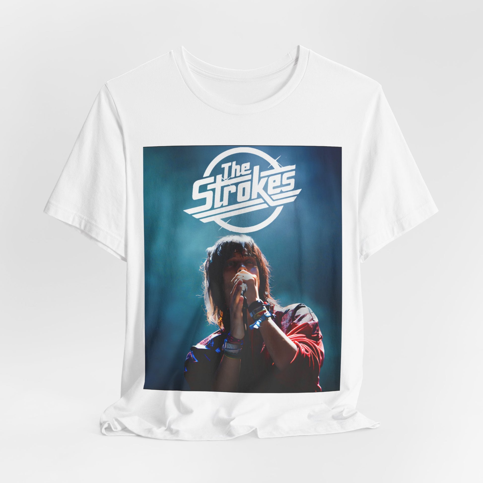 A black graphic t-shirt featuring a portrait or graphic of Julian Casablancas from The Strokes.