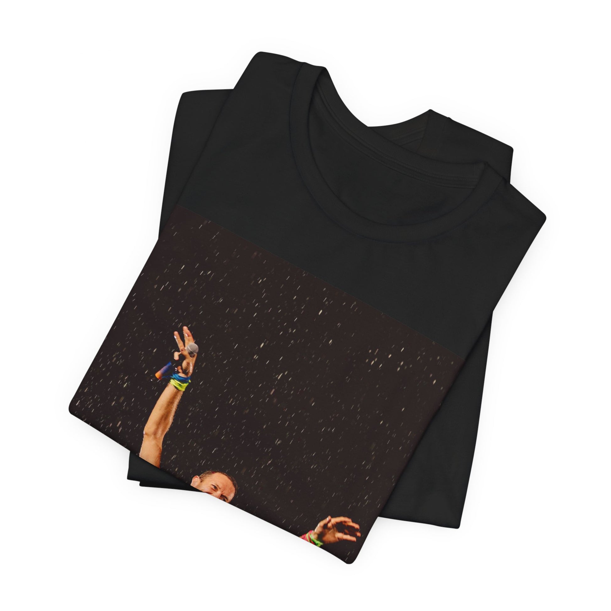 A black graphic t-shirt featuring a graphic related to Coldplay's song 'Fix You'.