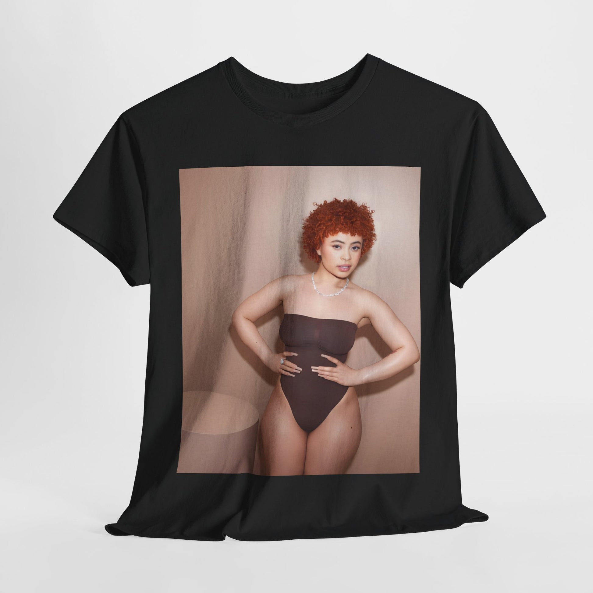 A black graphic t-shirt featuring a graphic of Ice Spice with her curly hair, emphasizing her iconic fashion status.