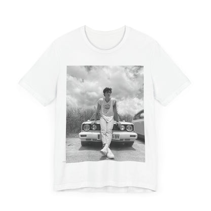 A black graphic t-shirt featuring a graphic of Shawn Mendes in an iconic tank top look.