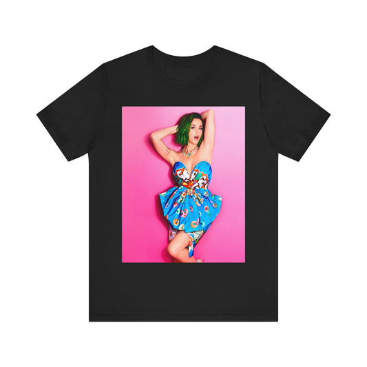 A black graphic t-shirt featuring a graphic related to Katy Perry's 'Dark Horse' song or era.