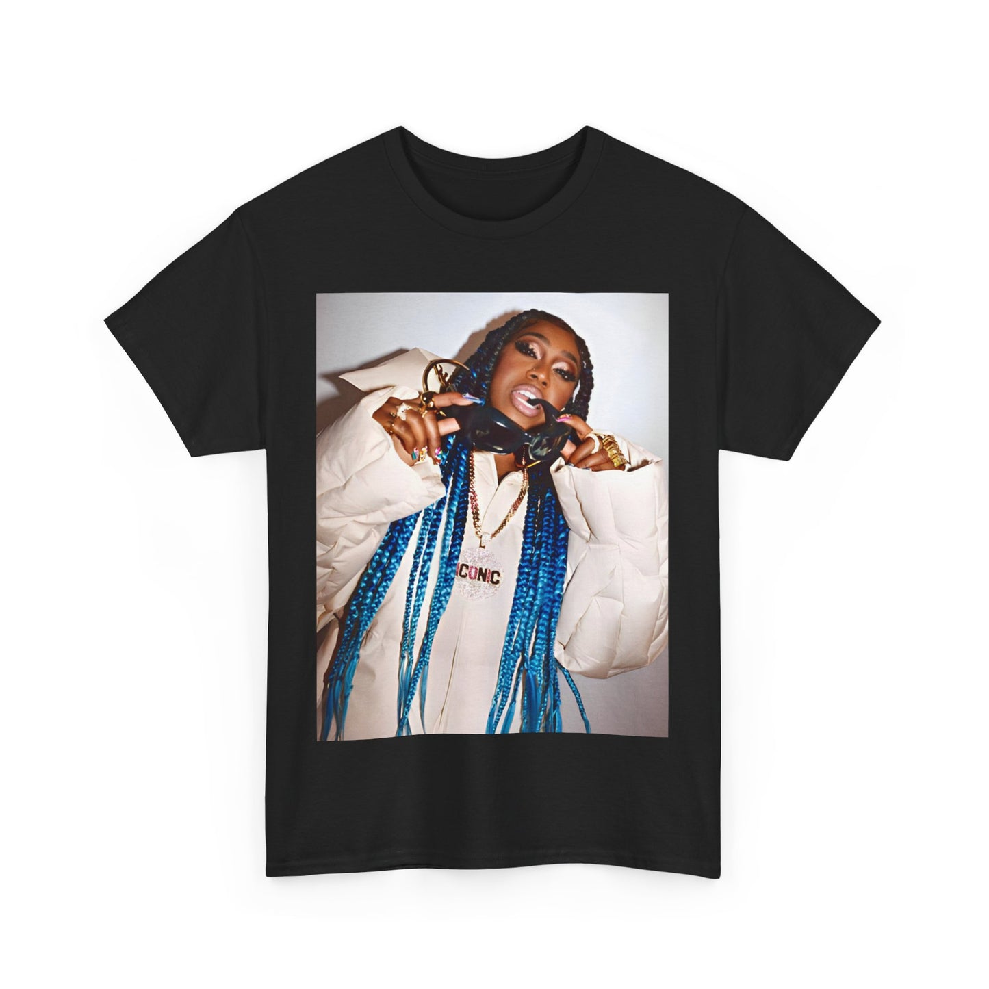 A black graphic t-shirt featuring a retro graphic related to Missy Elliott's 'Supa Dupa Fly' album era.