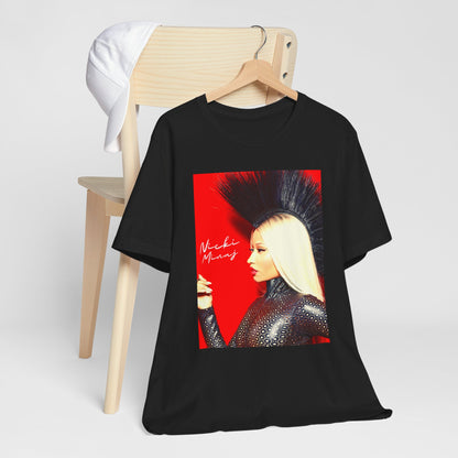 A black graphic t-shirt featuring a graphic of Nicki Minaj as a female rap pioneer.