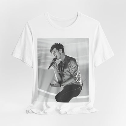 A black graphic t-shirt featuring a black and white graphic or photo of Shawn Mendes as a dreamy pop star.