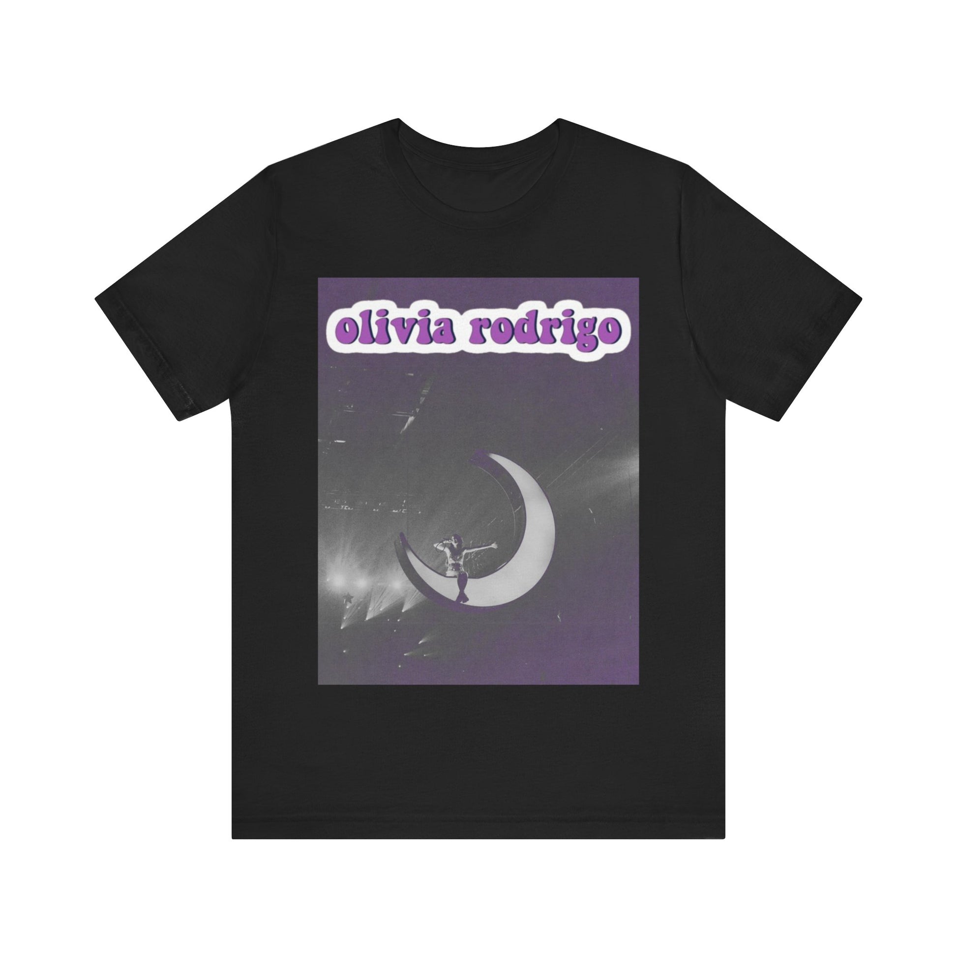 A black graphic t-shirt featuring a graphic or photo of Olivia Rodrigo performing live on stage.