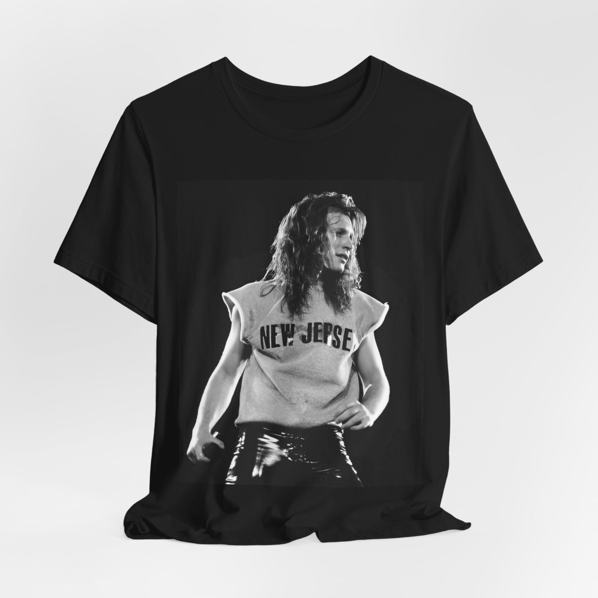 A black graphic t-shirt featuring a vintage graphic related to Bon Jovi's 'New Jersey' album or era.
