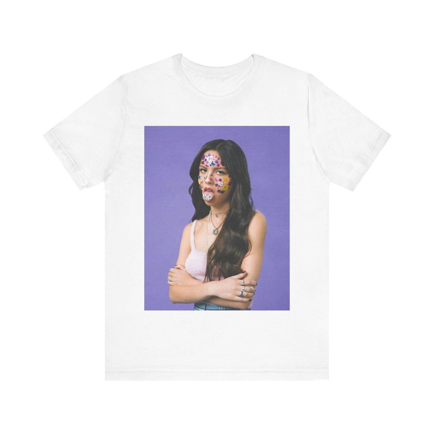 A black graphic t-shirt featuring a bold graphic of Olivia Rodrigo as a pop superstar.
