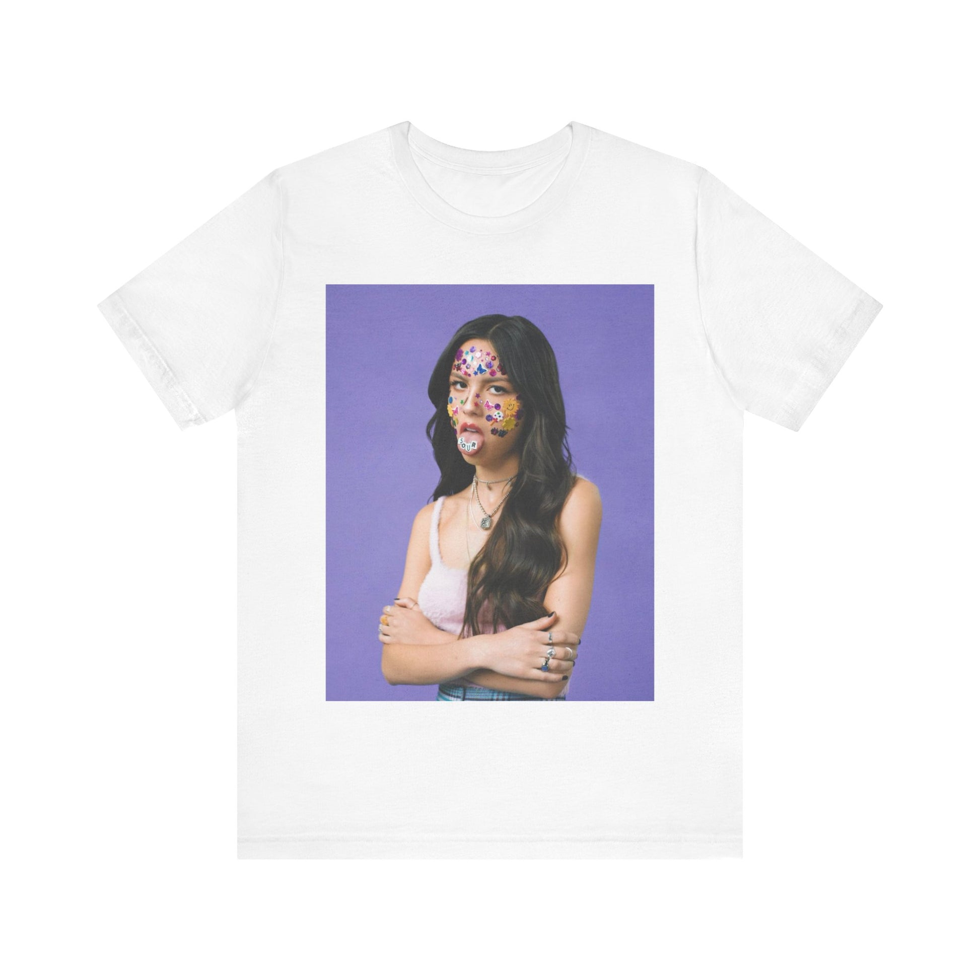 A black graphic t-shirt featuring a bold graphic of Olivia Rodrigo as a pop superstar.