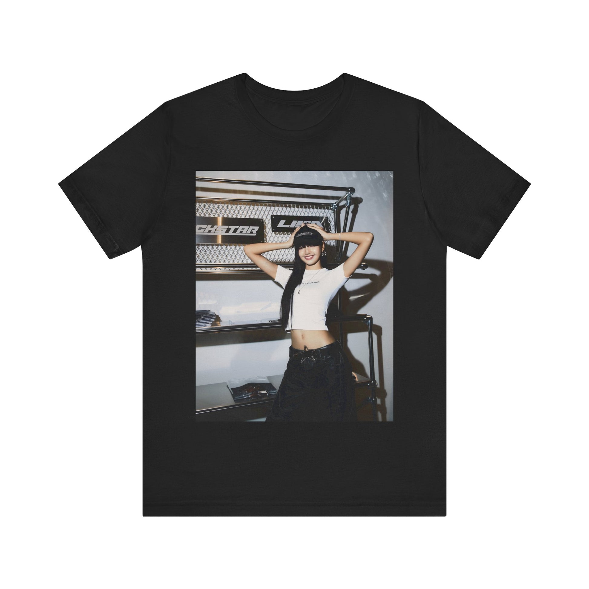 A black graphic t-shirt featuring a graphic of Lisa as a street K-Pop style queen.