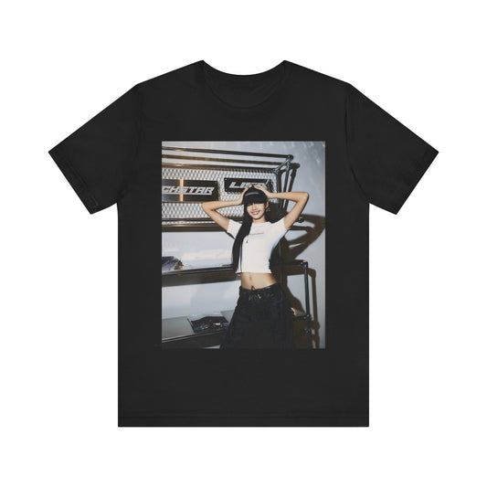 A black graphic t-shirt featuring a graphic of Lisa as a street K-Pop style queen.