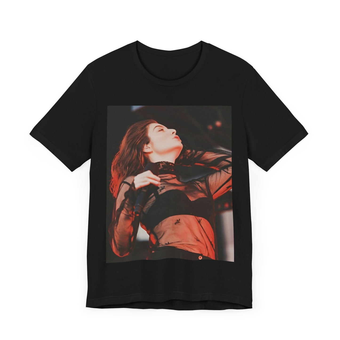 A black graphic t-shirt featuring a graphic of Lorde emphasizing raw emotion.