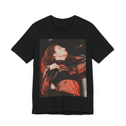 A black graphic t-shirt featuring a graphic of Lorde emphasizing raw emotion.