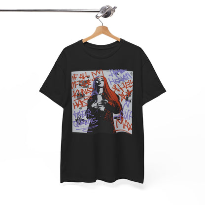 A black graphic t-shirt featuring a graffiti art style illustration of Ava Max.