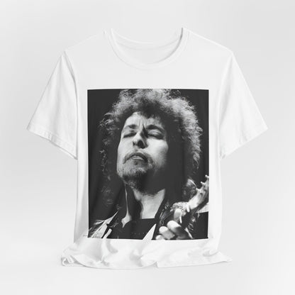 A black graphic t-shirt featuring a retro black and white graphic or photo of Bob Dylan performing live.