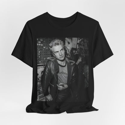 A black graphic t-shirt featuring a vintage black and white monochrome graphic or photo of Sting.