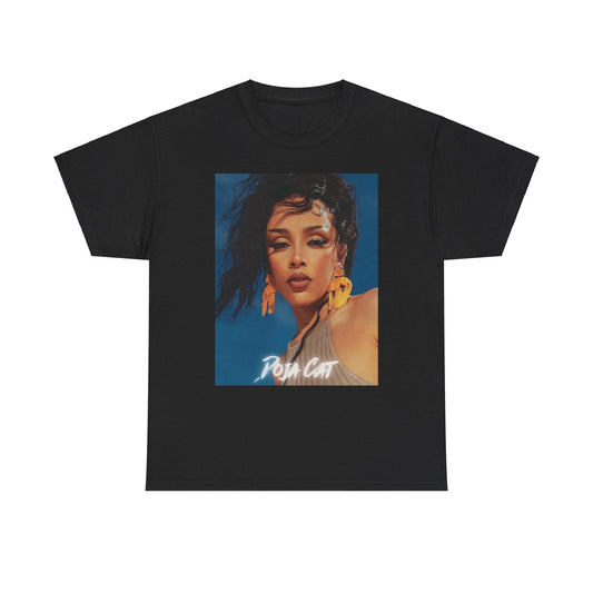 A black graphic t-shirt featuring a graphic of Doja Cat, evoking her 'Streets' era aesthetic.