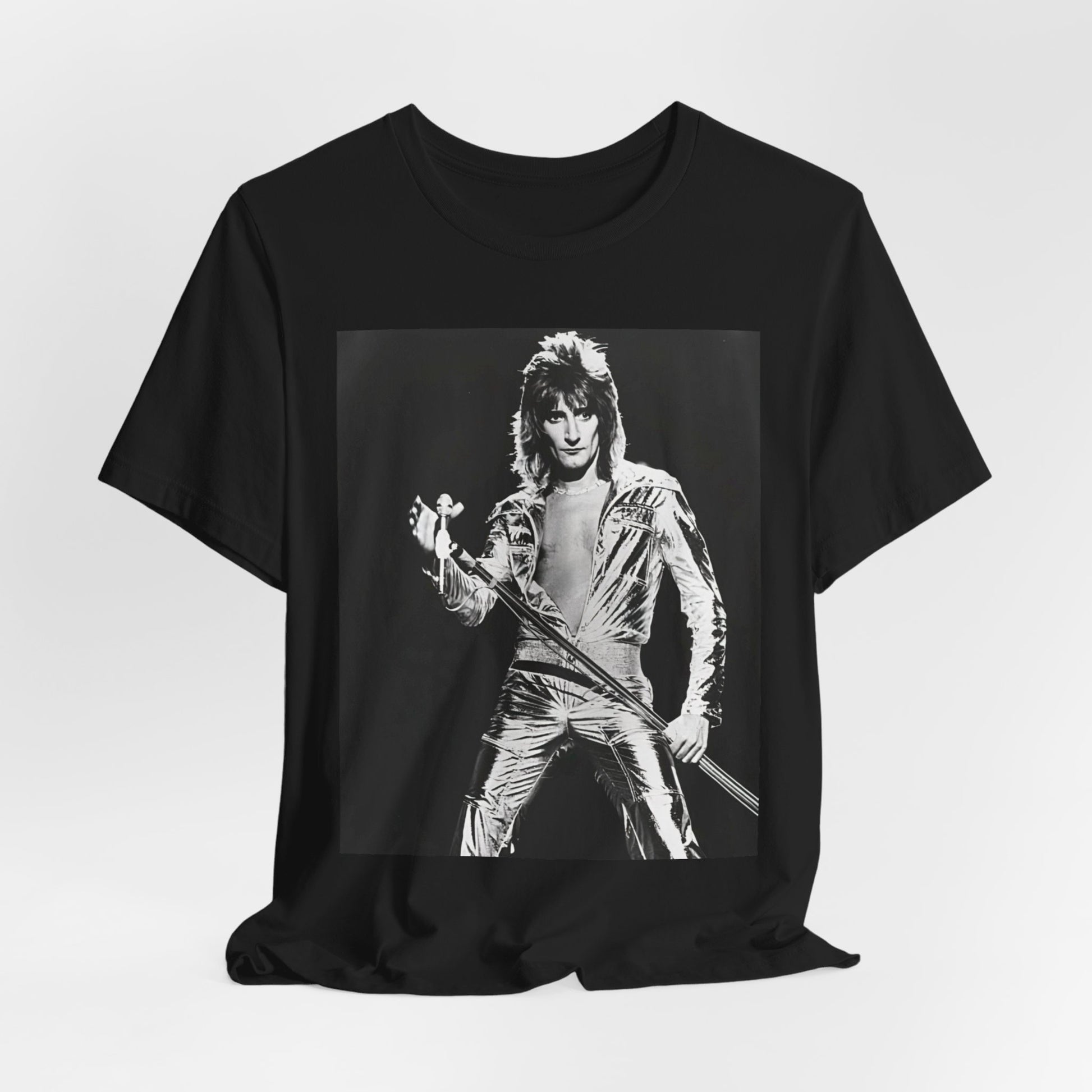 A black graphic t-shirt featuring a 70s black and white monochrome graphic or photo of Rod Stewart.