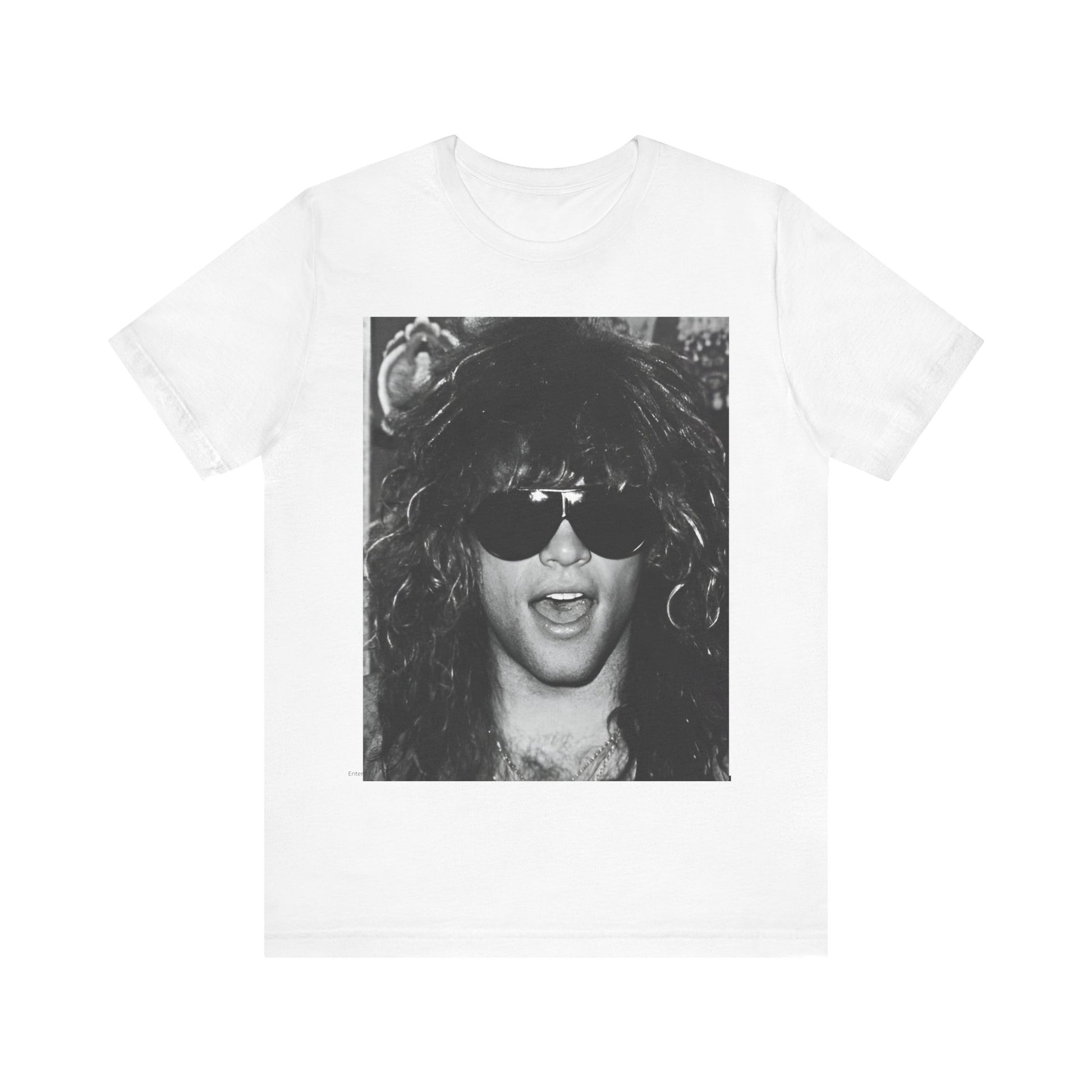 A black graphic t-shirt featuring a graphic or photo of Bon Jovi in a backstage setting.