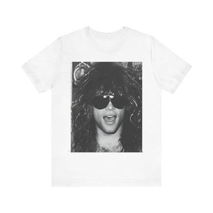 A black graphic t-shirt featuring a graphic or photo of Bon Jovi in a backstage setting.