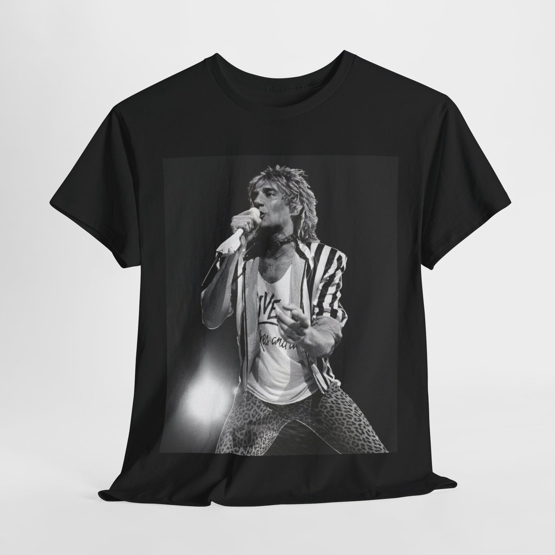 A black graphic t-shirt featuring a vintage graphic or photo of Rod Stewart performing live.