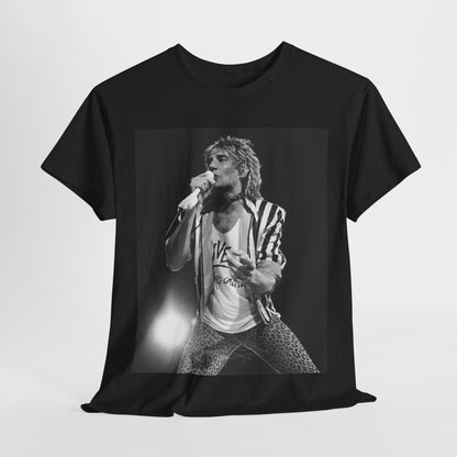 A black graphic t-shirt featuring a vintage graphic or photo of Rod Stewart performing live.