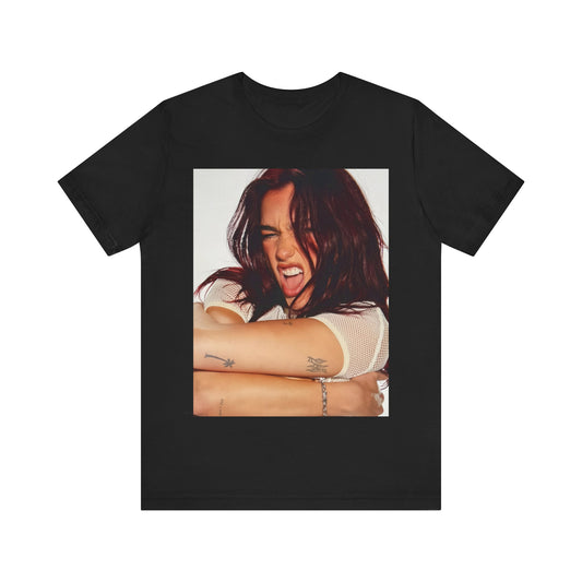 A black graphic t-shirt featuring a bold disco pop graphic of Dua Lipa as a superstar.