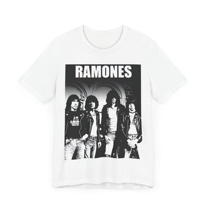 A black graphic t-shirt featuring a graphic of the Ramones as punk rock pioneers.