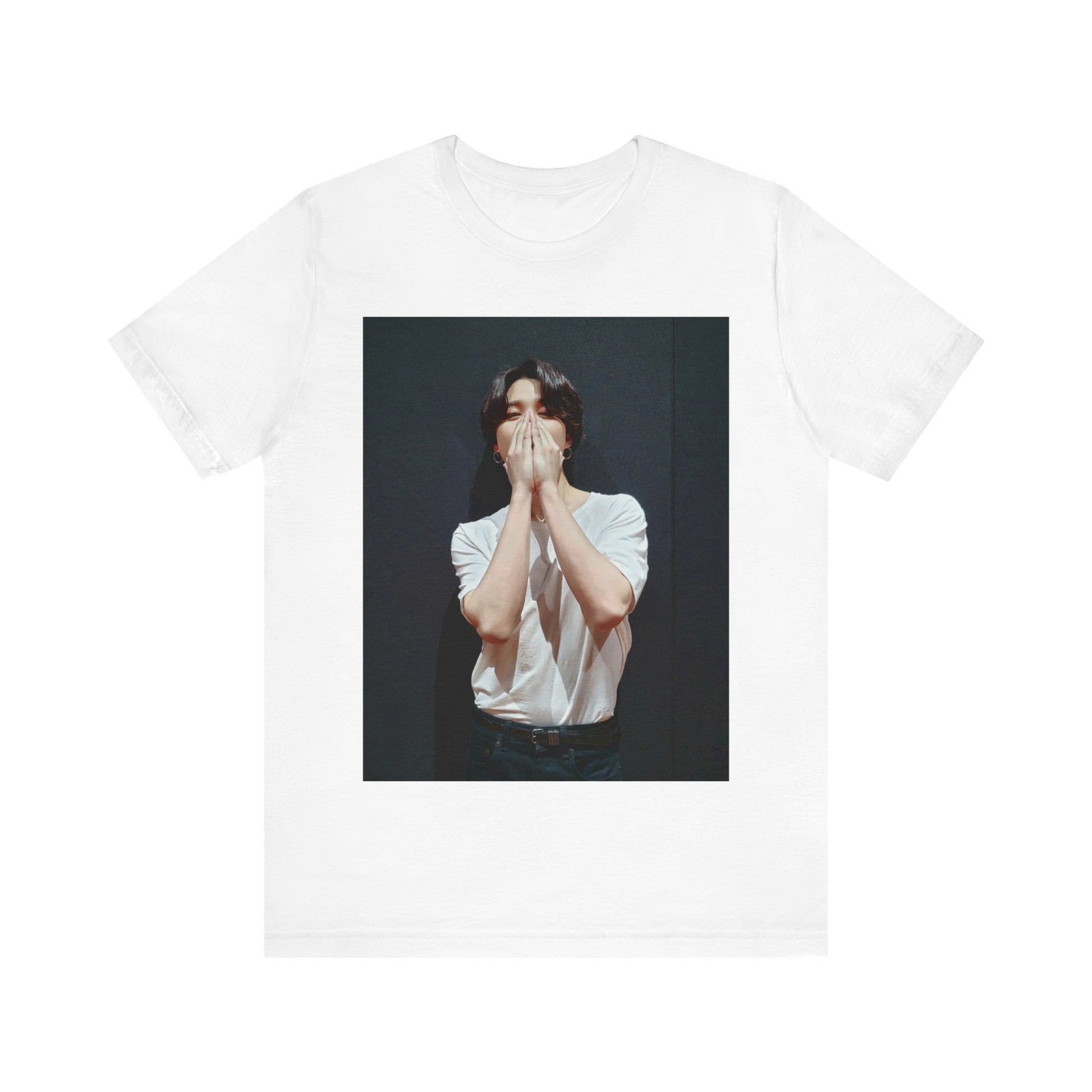 A black graphic t-shirt featuring a graphic of Jimin designed for everyday K-Pop style.