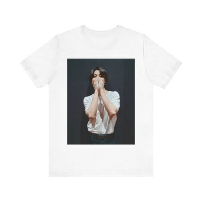A black graphic t-shirt featuring a graphic of Jimin designed for everyday K-Pop style.