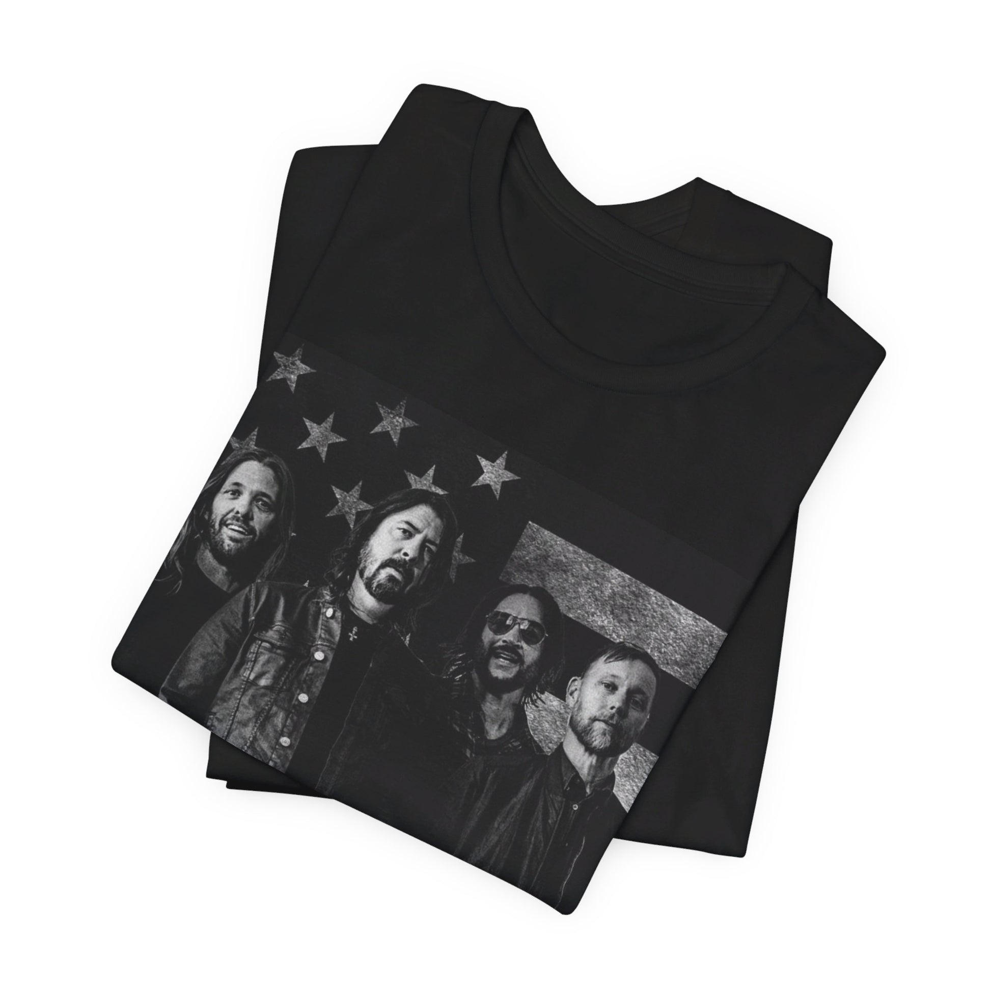 A black graphic t-shirt featuring a graphic of Foo Fighters integrated with elements of the American flag.
