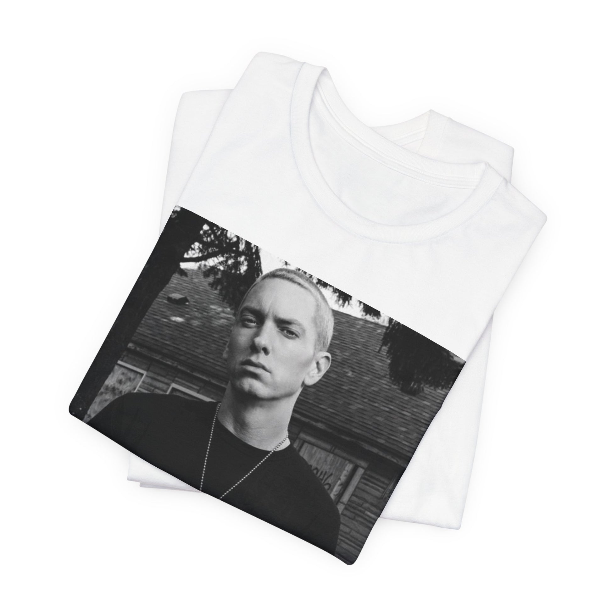 A black graphic t-shirt featuring a black and white graphic of Eminem as Slim Shady.