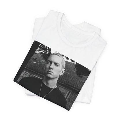 A black graphic t-shirt featuring a black and white graphic of Eminem as Slim Shady.