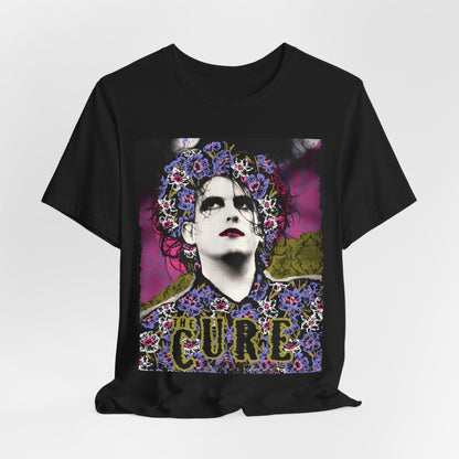 A black graphic t-shirt featuring a retro rock aesthetic pop art graphic of The Cure.
