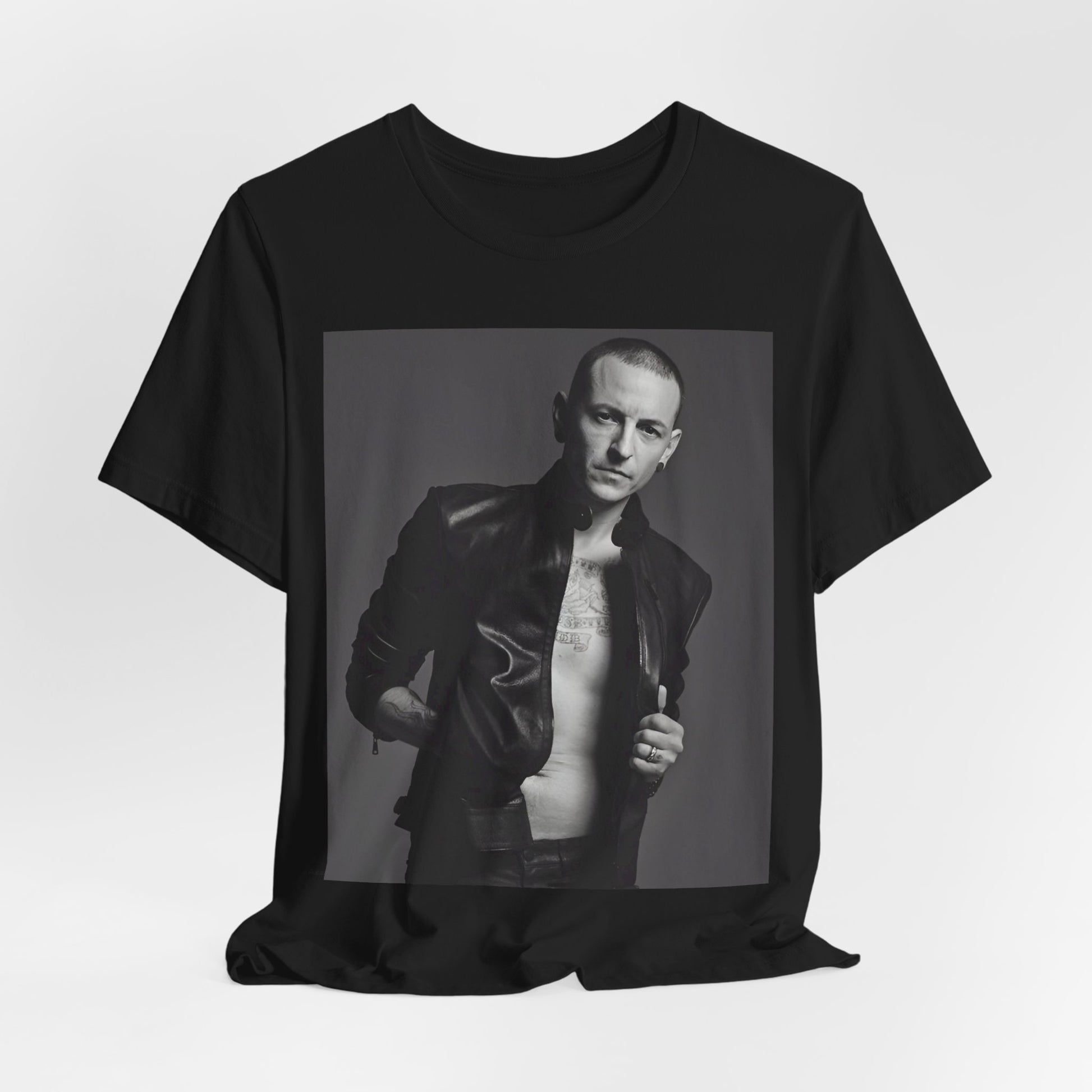 A black graphic t-shirt featuring a graphic of Chester Bennington from Linkin Park as a rock icon.