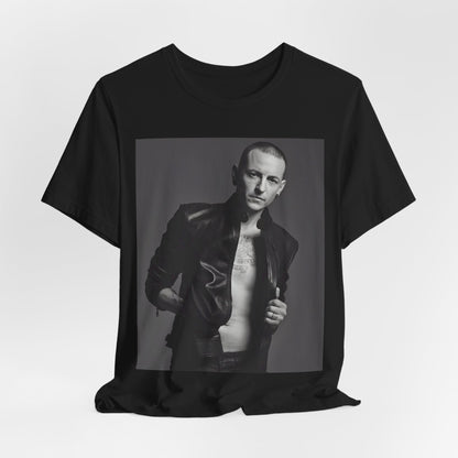 A black graphic t-shirt featuring a graphic of Chester Bennington from Linkin Park as a rock icon.