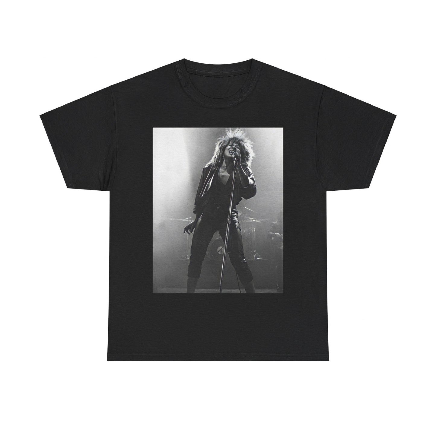 A black graphic t-shirt featuring a graphic of Tina Turner performing "Proud Mary" live.