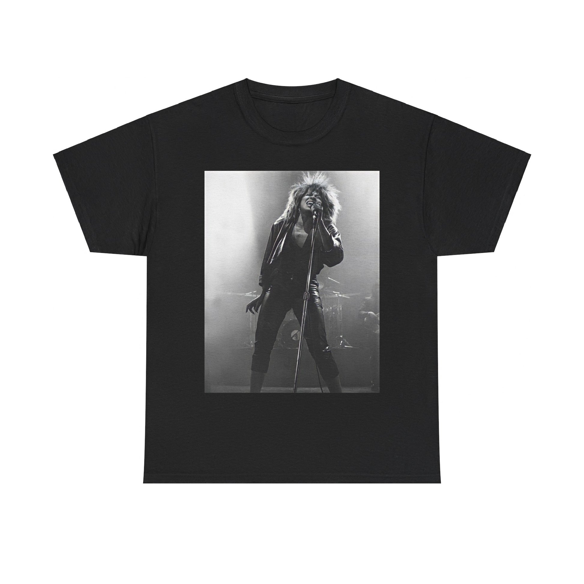 A black graphic t-shirt featuring a graphic of Tina Turner performing "Proud Mary" live.