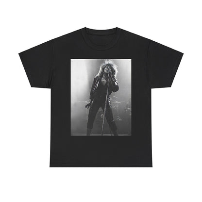 A black graphic t-shirt featuring a graphic of Tina Turner performing "Proud Mary" live.
