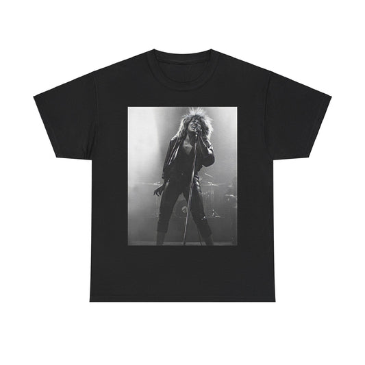 A black graphic t-shirt featuring a graphic of Tina Turner performing "Proud Mary" live.