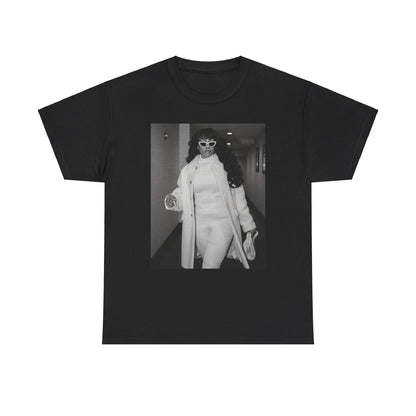 A black graphic t-shirt featuring a black and white portrait photo of Megan Thee Stallion.