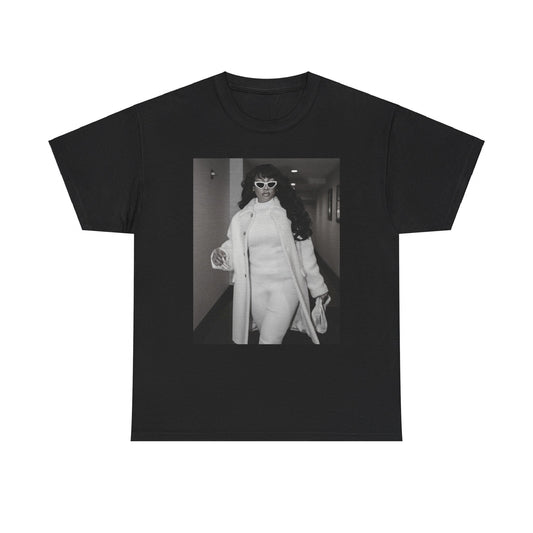 A black graphic t-shirt featuring a black and white portrait photo of Megan Thee Stallion.