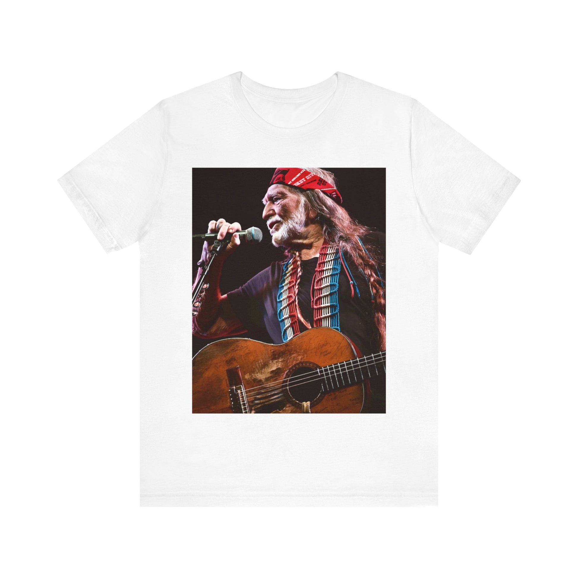 A black graphic t-shirt featuring a graphic of Willie Nelson with his iconic long hair and bandana.