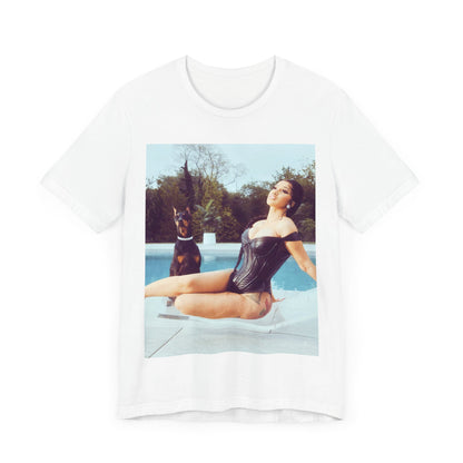 A black graphic t-shirt featuring a graphic related to Cardi B's 'I Like It' song, with bold pop culture elements.